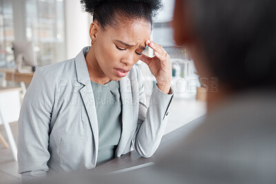 Buy stock photo Black woman in business, stress and mental health, counseling at work and psychology with corporate burnout. Support, company issued therapy and female with fatigue and headache, depression and help