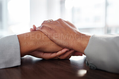 Buy stock photo Holding hands, comfort and support for empathy, care and help, trust and hope. Psychology, mental health and women, friends or therapist with patient for kindness, counselling or therapy session.
