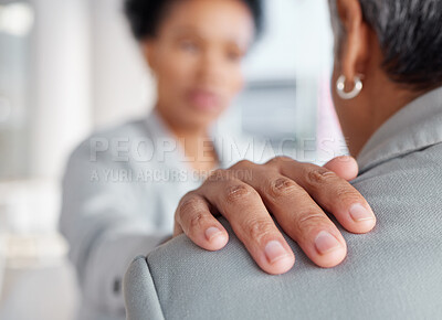 Buy stock photo Hand on shoulder, support and women in counselling at work, stress and mental health, closeup with corporate burnout. Company issued therapy, female with fatigue and anxiety, depression and help