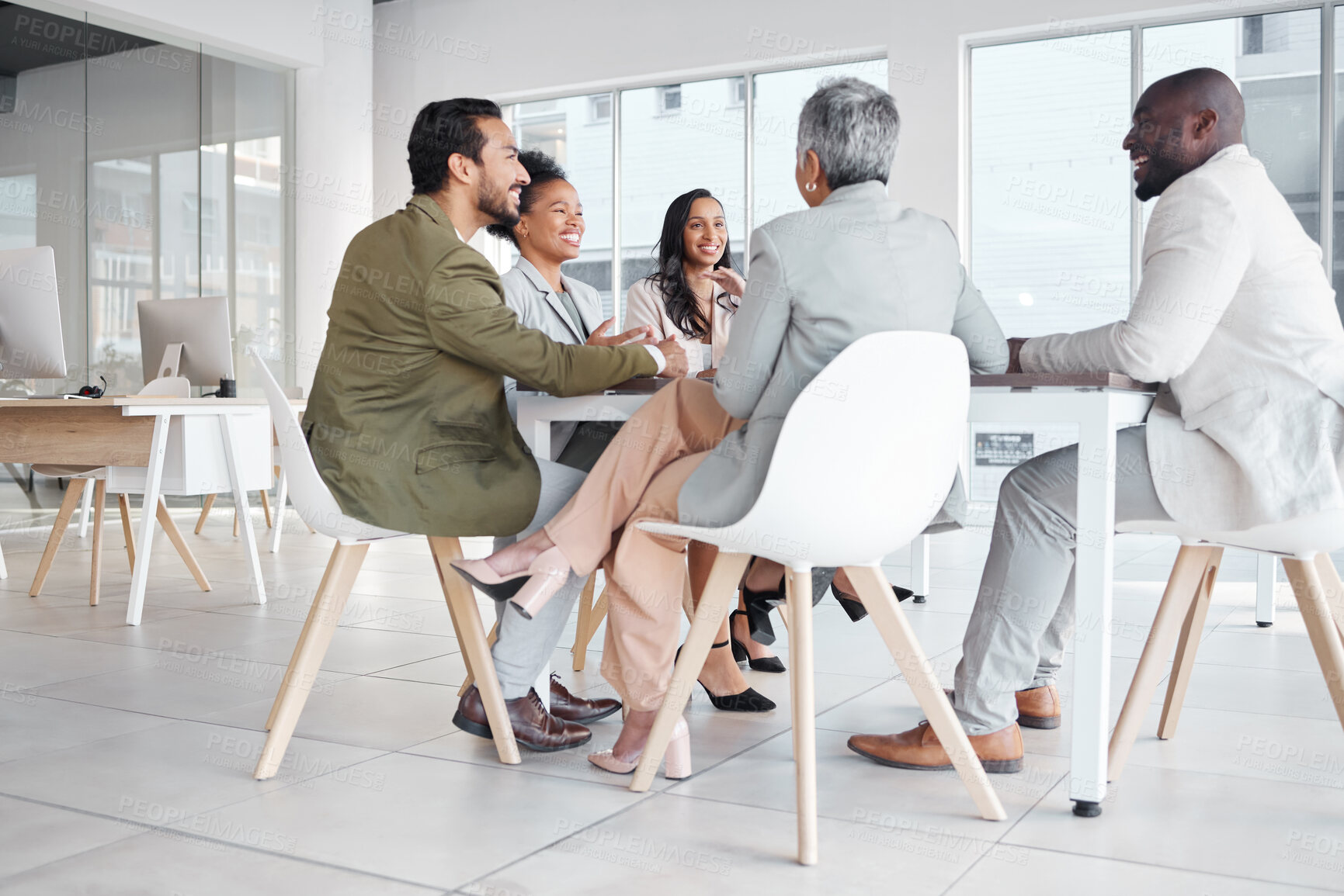 Buy stock photo Planning, diversity and business people in meeting in the office for corporate project. Collaboration, teamwork and group of professional employees working on company strategy report in the workplace