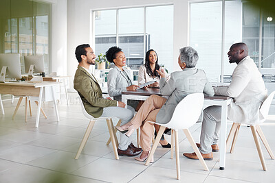 Buy stock photo Meeting, diversity and business team planning in the office for a corporate project. Collaboration, teamwork and group of professional employees working on company strategy report in the workplace.