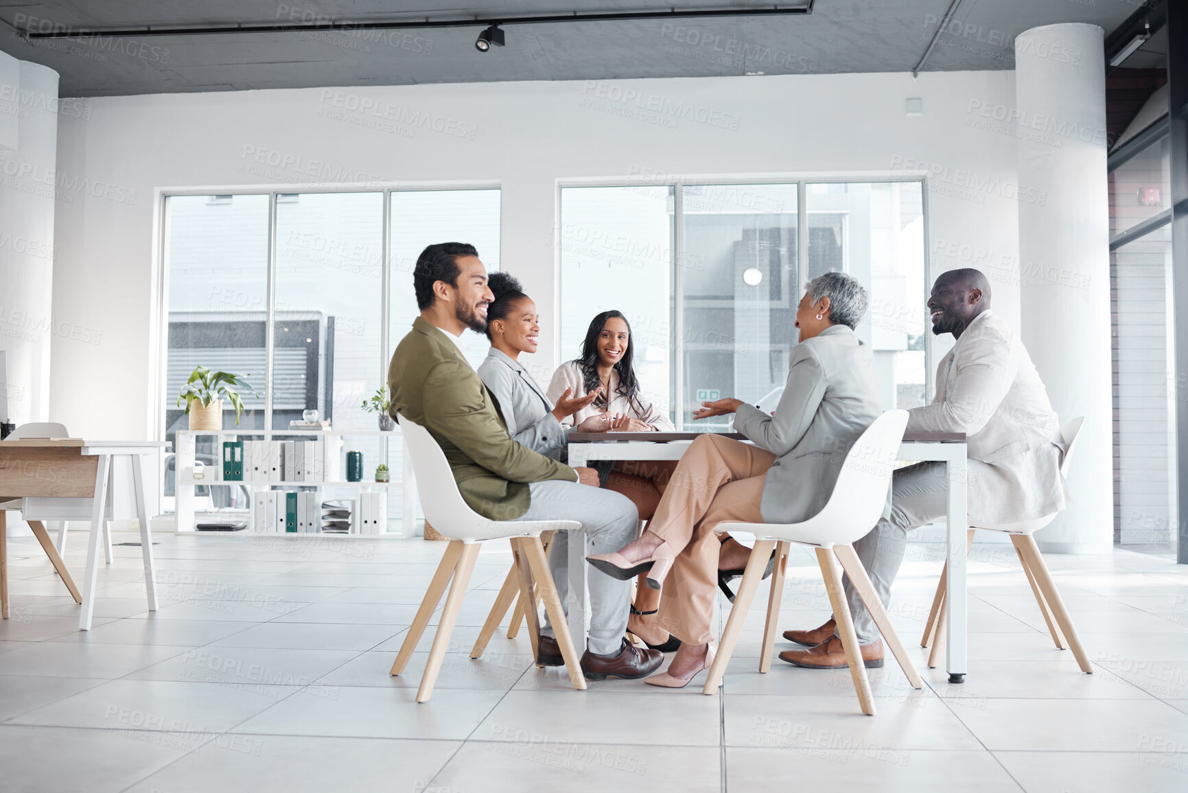 Buy stock photo Meeting, discussion and business people planning in the office for a corporate project. Collaboration, teamwork and group of professional employees working on company strategy report in the workplace