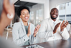 Business people, applause and meeting in teamwork, collaboration or conference at the office. Happy employees clapping hands in congratulations for team success, support or promotion at the workplace