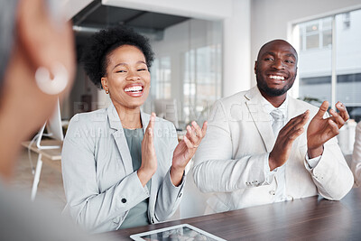 Buy stock photo Business people, applause and meeting in teamwork, collaboration or conference at the office. Happy employees clapping hands in congratulations for team success, support or promotion at the workplace