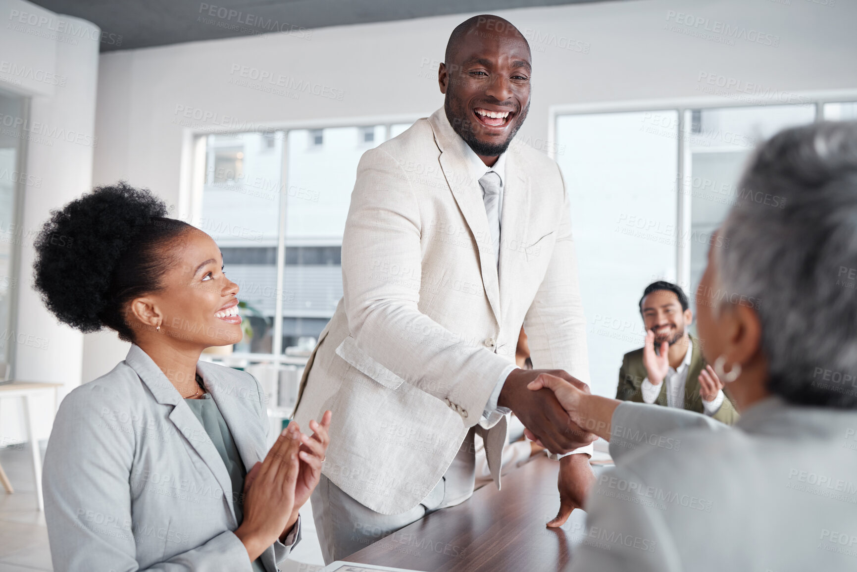 Buy stock photo Happy business people, handshake and success in meeting for support and applause, hiring or team onboarding. Collaboration, shaking hands and congratulations, promotion and achievement with diversity