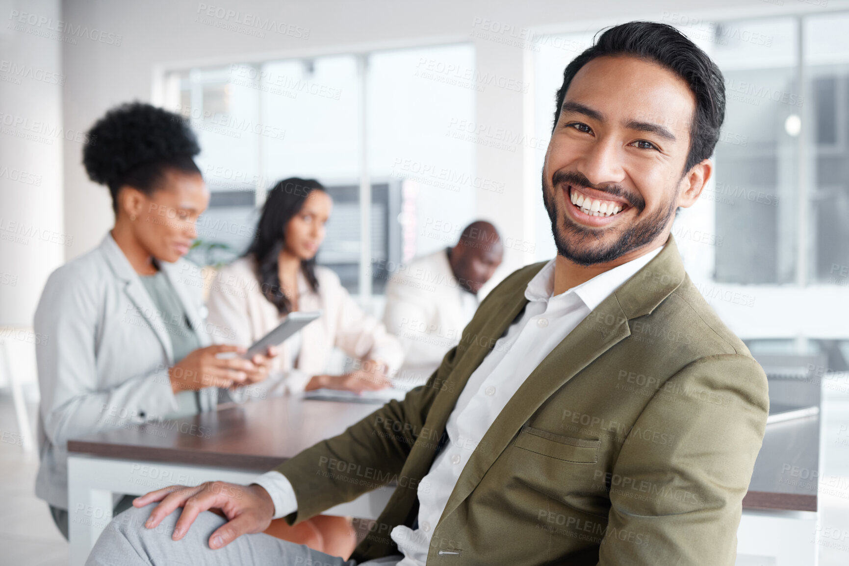 Buy stock photo Portrait, meeting and a business man in the boardroom with a positive mindset for planning or strategy. Corporate, professional and vision with a young male employee sitting in his work office