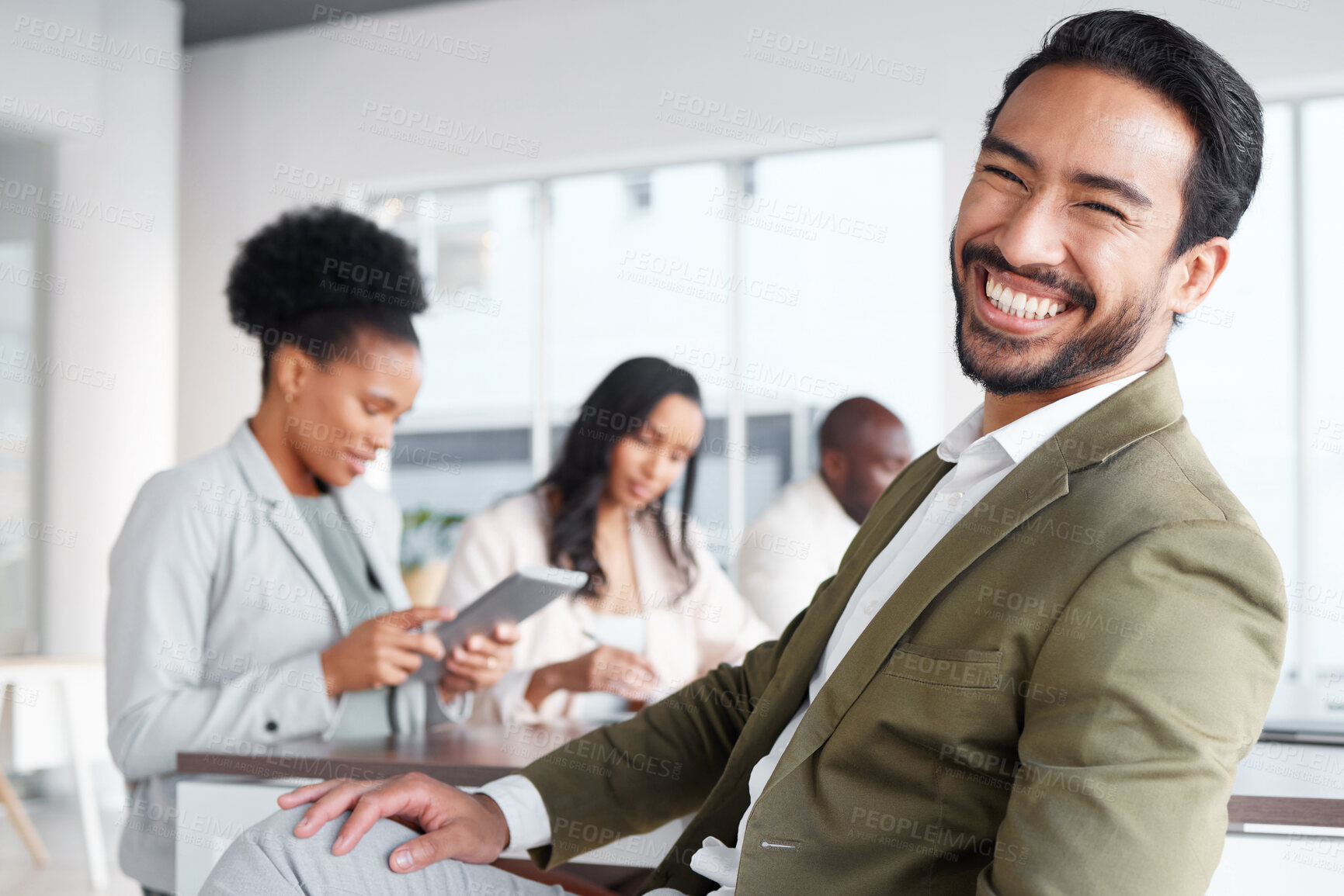 Buy stock photo Portrait, meeting and a business man in the office with a positive mindset for planning or strategy. Corporate, professional and vision with a young male employee sitting in his work boardroom