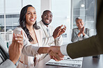Business people, shaking hands and success in meeting with support and applause, hiring or onboarding with team. Collaboration, handshake and congratulations, promotion and achievement with diversity