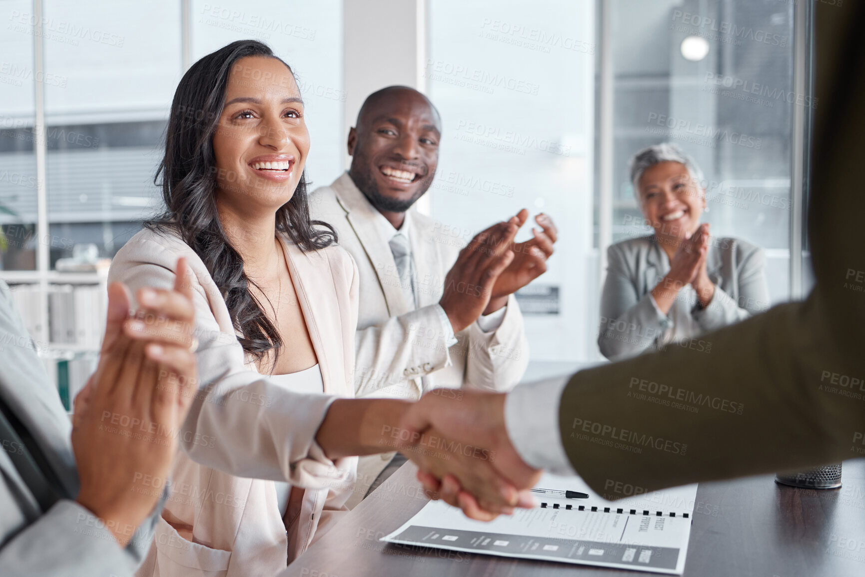 Buy stock photo Business people, shaking hands and success meeting with support and applause, hiring or onboarding for team. Collaboration, handshake and congratulations, promotion and achievement in happy diversity