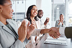 Business people, hand shake and success in meeting, support and applause, hiring or onboarding with team. Collaboration, shaking hands and congratulations, promotion and achievement with diversity