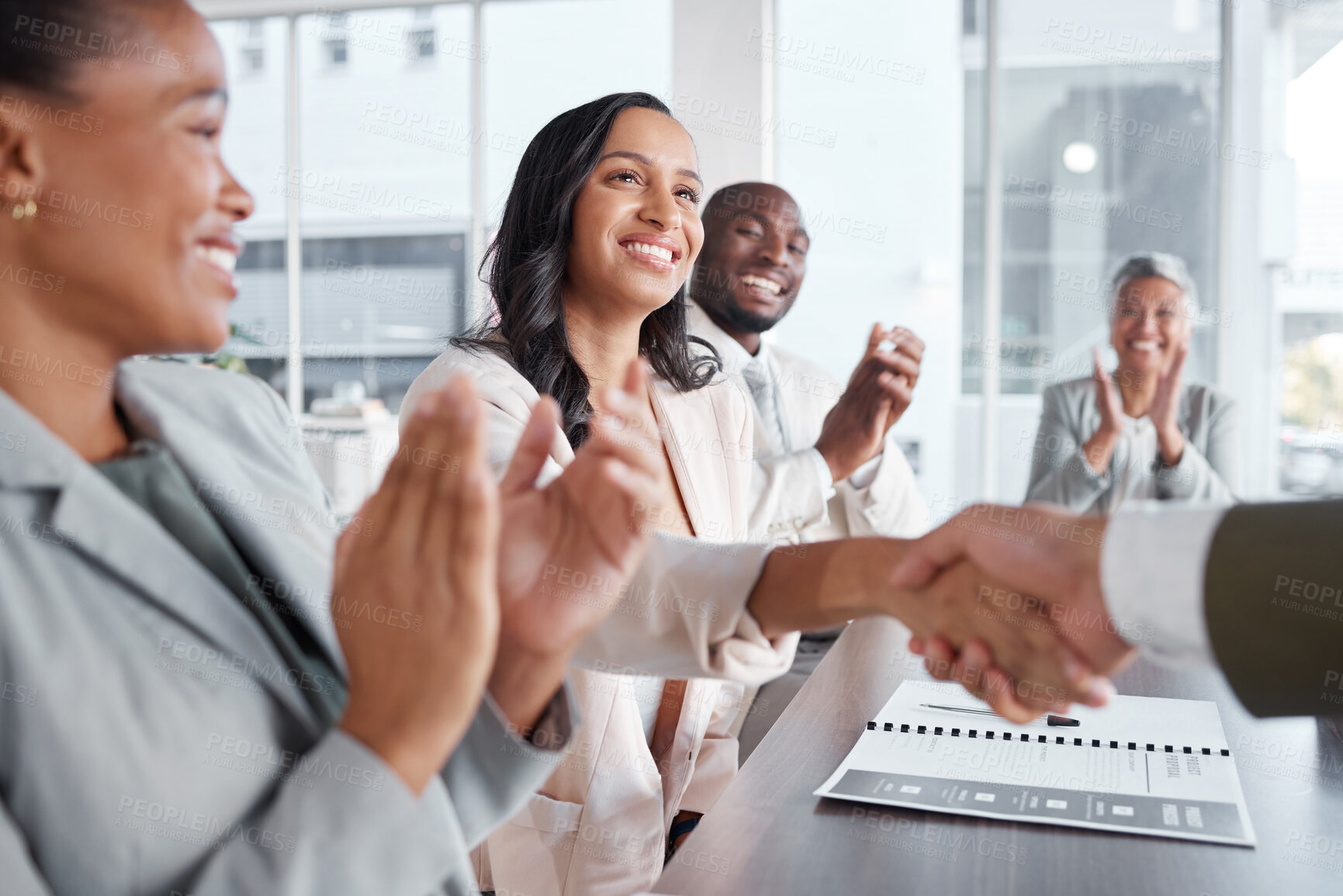 Buy stock photo Happy business people, hand shake and success in meeting, support and applause, hiring or team onboarding. Collaboration, shaking hands and congratulations, promotion and achievement with diversity