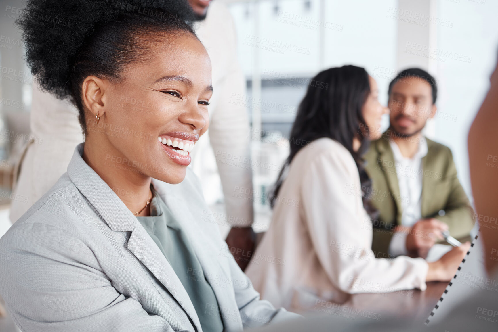 Buy stock photo Business, employee and black woman with smile, planning and meeting for startup, profit growth and share ideas. African American female leader, consultant or worker with happiness, success and joyful