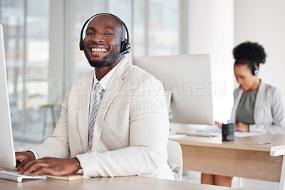 Buy stock photo Portrait, call center and black man consulting for crm, telemarketing and customer service with a smile. Happy, face and male consultant in office for online help, support and faq or contact us