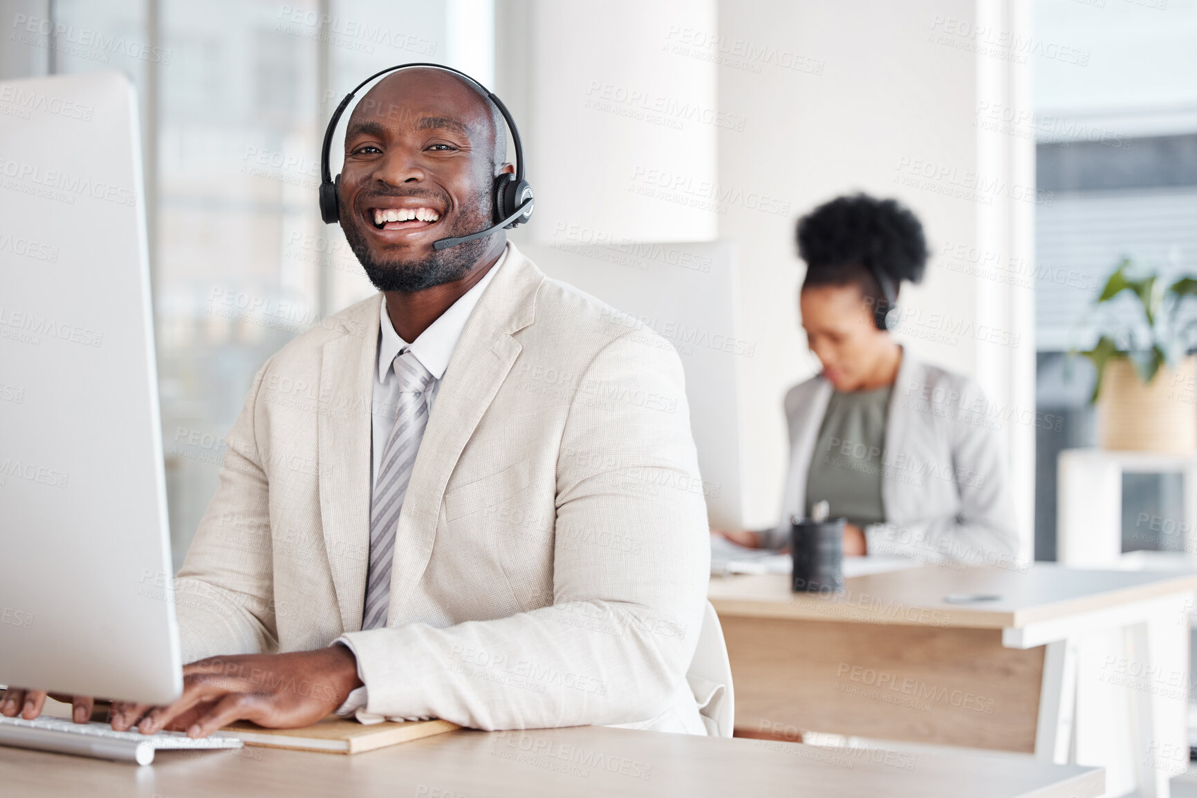 Buy stock photo Call center, portrait and black man consulting for crm, telemarketing and customer service with a smile. Happy, face and male consultant in office for online help, support and faq or contact us