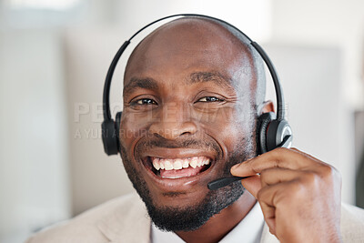 Buy stock photo Callcenter consultant, black man and CRM, face and happiness, phone call and contact us. Portrait, telecom and male with smile, customer support or telemarketing with agent and help desk employee