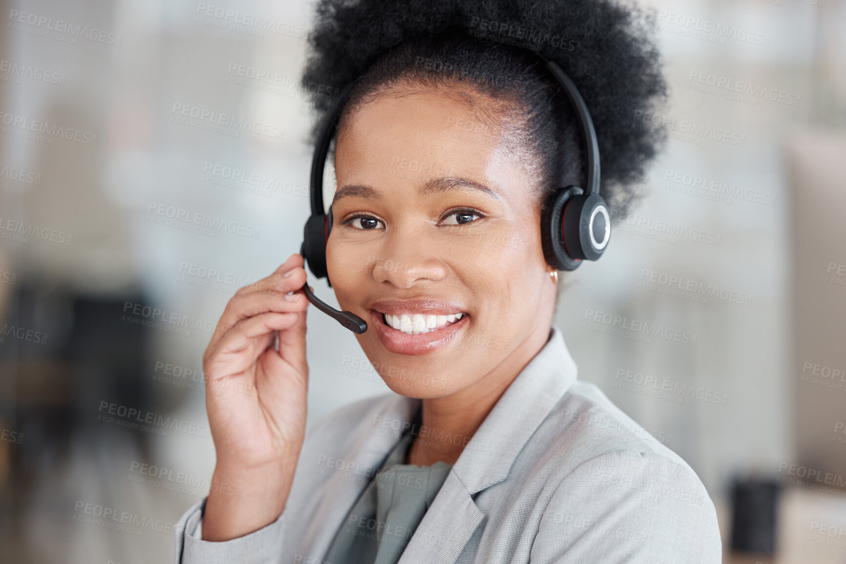 Buy stock photo Callcenter consultant, black woman and CRM, smile in portrait with phone call, communication and contact us. Happy female, telecom with customer support or telemarketing, agent and help desk employee