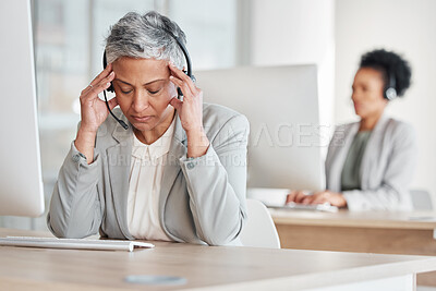 Buy stock photo Tired call center woman with headache, fatigue and pain on computer customer support, telecom working or virtual help desk. Burnout agent, stress consultant or manager person with migraine at office