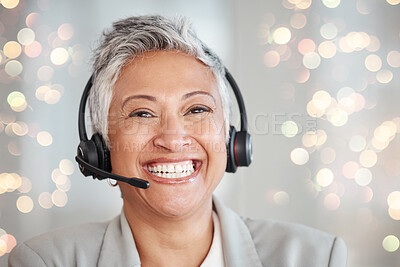 Buy stock photo Senior woman, call center and face, happy with contact us and CRM, consultant in portrait with headset and smile. Professional success, female and customer service agent on background with bokeh