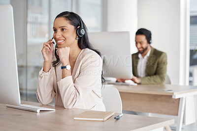 Buy stock photo Call center, team and woman consulting for crm, telemarketing and customer service with a smile. Happy, workforce and lady consultant in office for online help, support, faq or contact us for advice