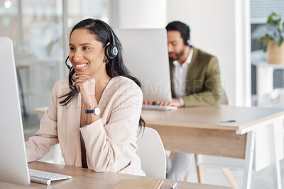 Buy stock photo Call center, woman and team consulting for crm, telemarketing and customer service with a smile. Happy, workforce and lady consultant in office for online help, support, faq or contact us for advice