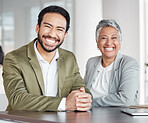 Business people, portrait smile and partnership at office for corporate leadership or management. Happy asian businessman and woman CEO smiling in teamwork, success or career ambition at workplace