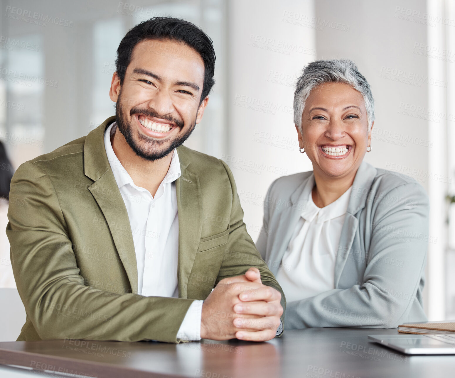 Buy stock photo Business people, portrait smile and partnership at office for corporate leadership or management. Happy asian businessman and woman CEO smiling in teamwork, success or career ambition at workplace