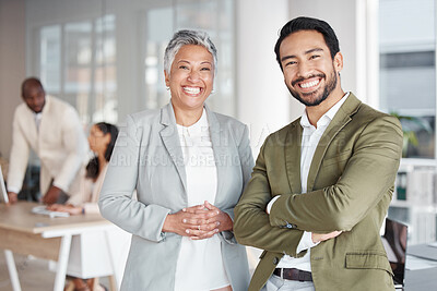 Buy stock photo Business people, portrait smile and arms crossed in partnership at office for corporate leadership. Happy asian businessman and woman CEO smiling in teamwork, success or career ambition at workplace