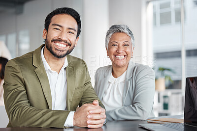 Buy stock photo Business people, portrait smile and management at office for corporate leadership or partnership. Happy asian businessman and woman CEO smiling in teamwork, success or career ambition at workplace