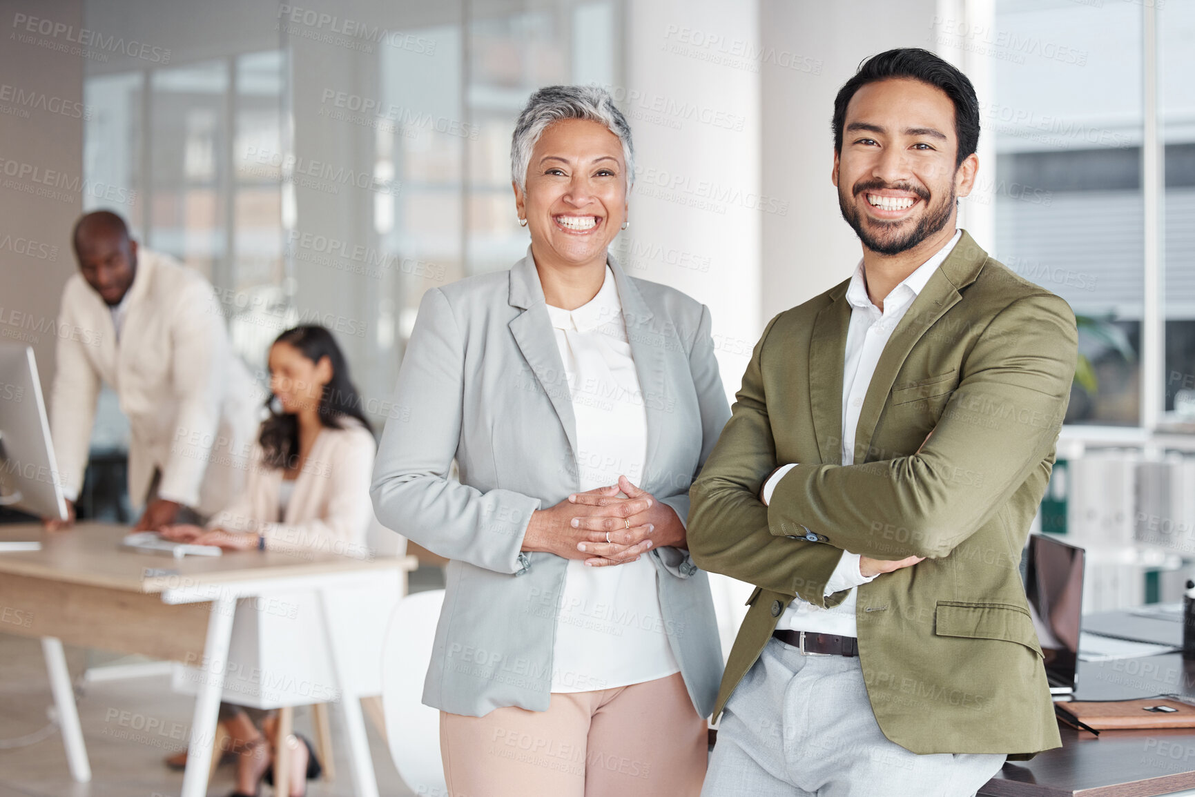 Buy stock photo Business people, portrait smile and leadership at office for corporate partnership or management. Happy asian businessman and woman CEO smiling in teamwork, success or career ambition at workplace
