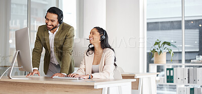Buy stock photo Call center, team and training, consultant and advisor, CRM and contact us, collaboration and happy people. Customer service, telemarketing and tech support, man and woman work together at computer
