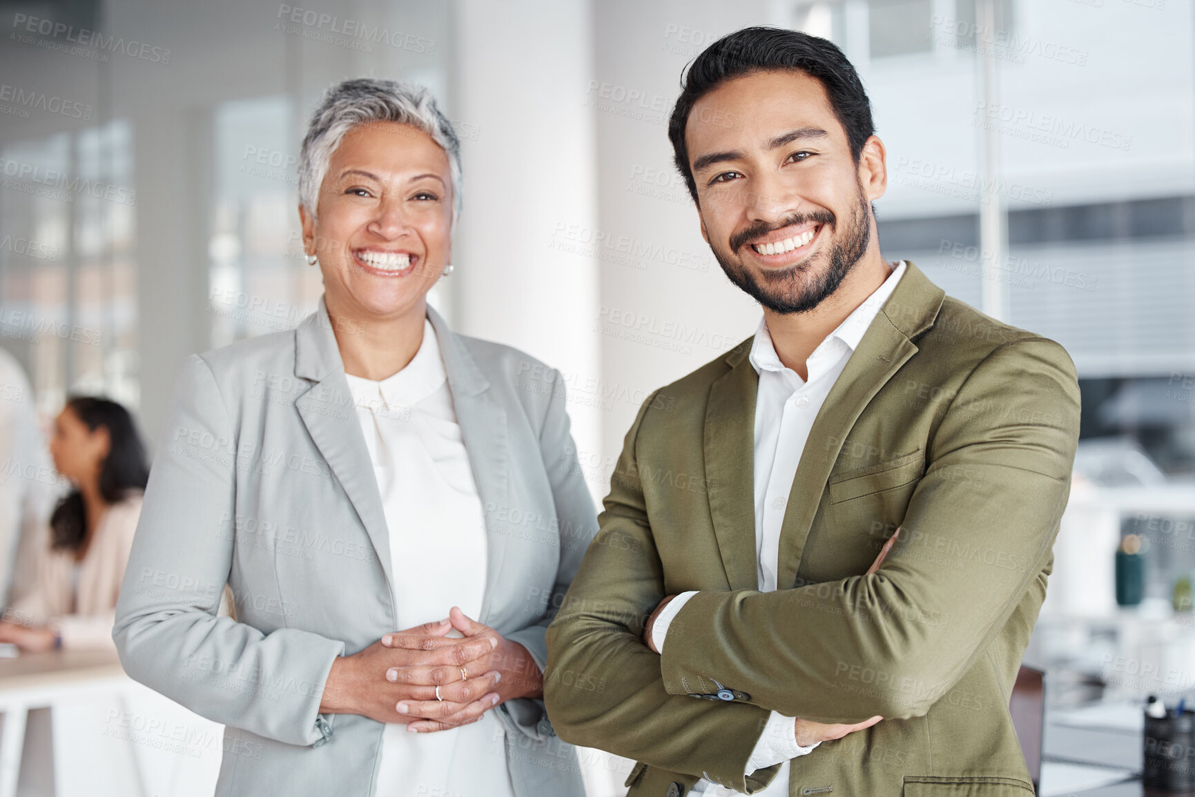 Buy stock photo Business people, portrait smile and team partnership at office for corporate leadership or management. Happy asian businessman or woman CEO smiling in teamwork success or career ambition at workplace