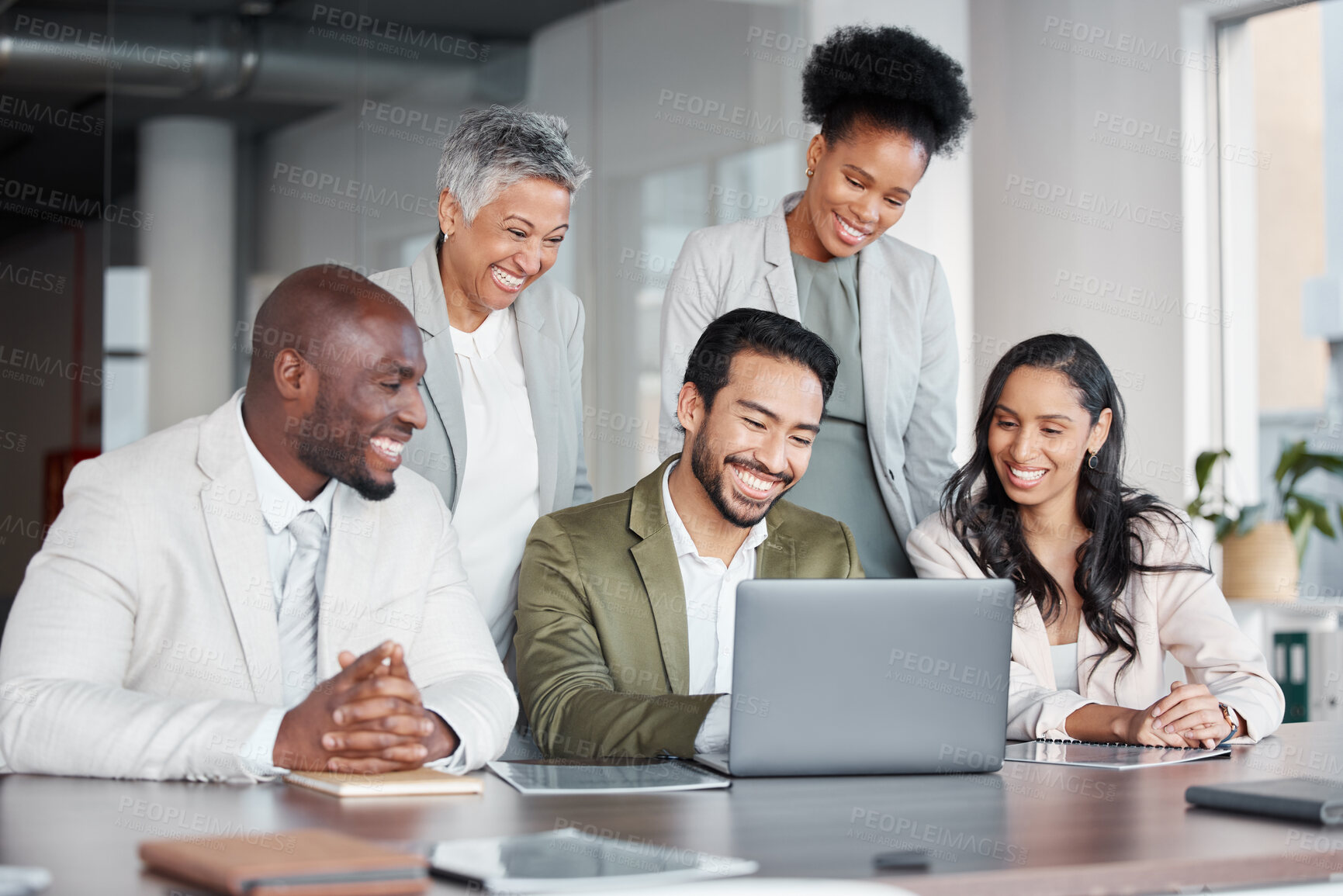 Buy stock photo Business people, laptop and meeting in teamwork, collaboration or corporate webinar at the office. Happy diverse group of employees working on computer together for team conference at the workplace