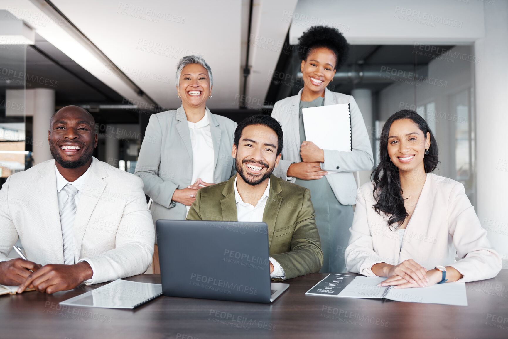 Buy stock photo Business people, portrait smile and team collaboration in meeting strategy or planning at office. Diverse group of happy employees working together in teamwork for corporate plan or goal at workplace