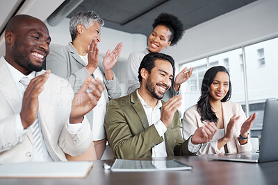Buy stock photo Laptop, business people and clapping hands in meeting for proposal, logo or reveal in office. Team, applause and corporate success by group celebrating achievement, project and job well done together