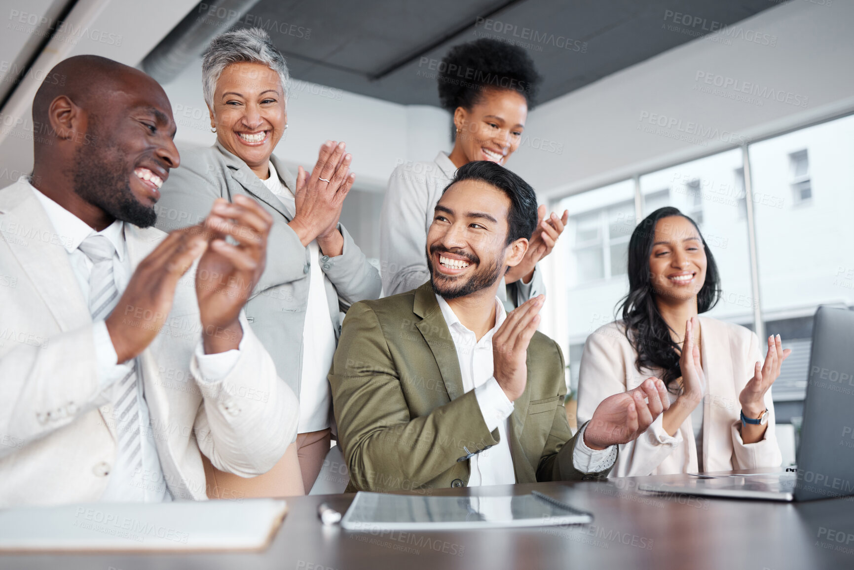 Buy stock photo Business people, laptop and clapping hands in meeting for proposal, logo or reveal in office. Team, applause and corporate success by group celebrating achievement, project and job well done together