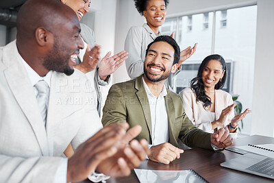 Buy stock photo Clapping, laptop and business people in meeting for proposal, logo or reveal in office. Team, applause and corporate success by group celebrating achievement, project and job well done together