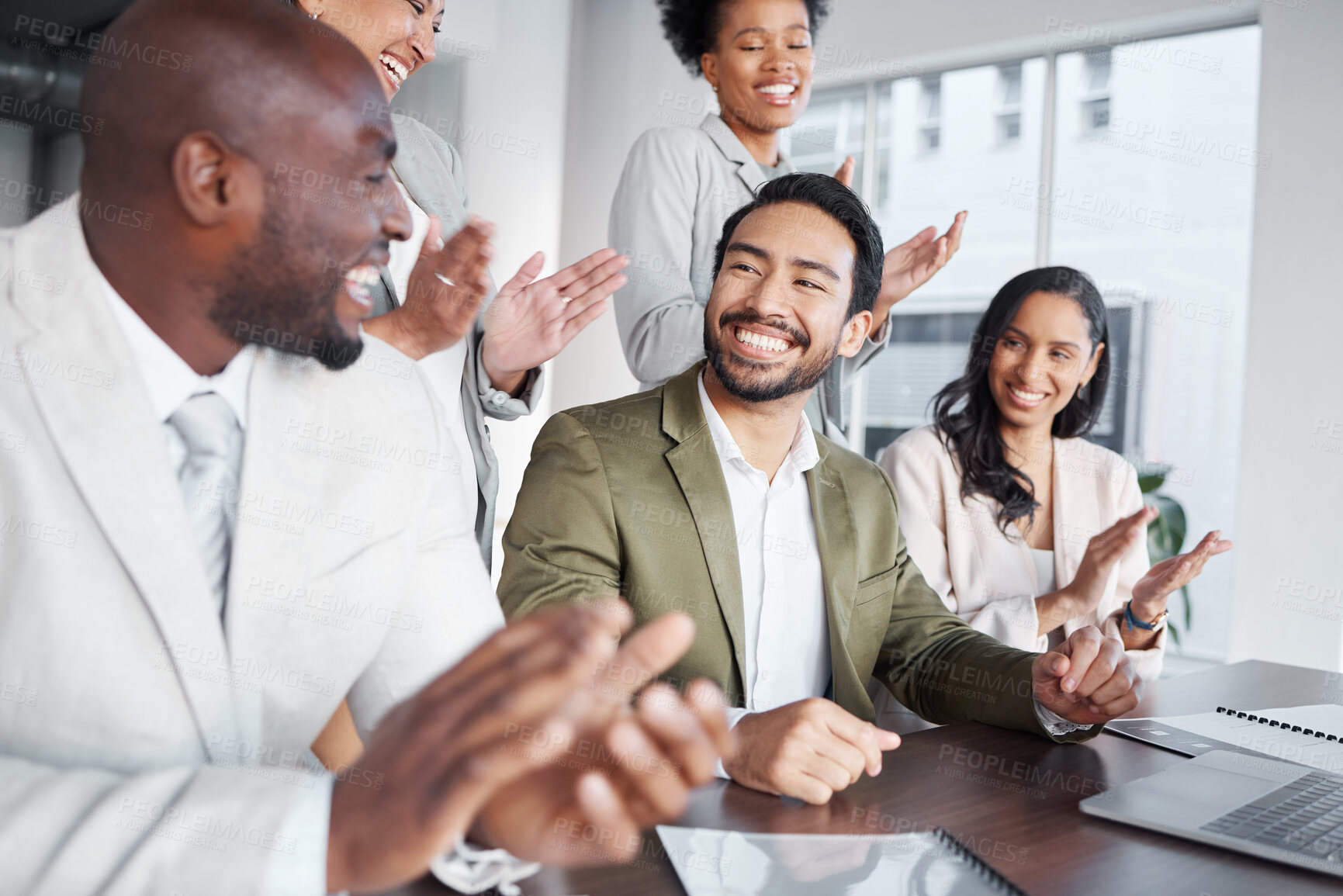Buy stock photo Clapping, laptop and business people in meeting for proposal, logo or reveal in office. Team, applause and corporate success by group celebrating achievement, project and job well done together