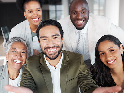 Buy stock photo Happy, selfie and portrait of business people in the office having fun while in a meeting. Happiness, diversity and corporate team of friends with a smile while taking a picture together in workplace