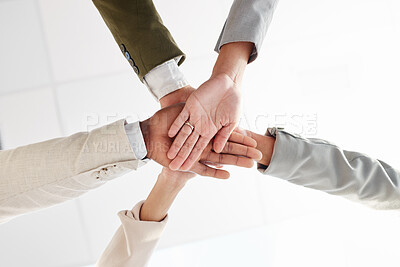 Buy stock photo Business people, hands together and support with team solidarity low angle and motivation in office. Success, collaboration and corporate group with teamwork, professional community and workforce