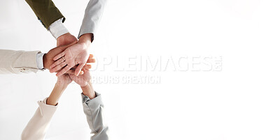 Buy stock photo Mockup, business and hands together, collaboration and partnership for project, teamwork and support. Space, employees and workers with gesture for solidarity, staff and group with motivation or goal