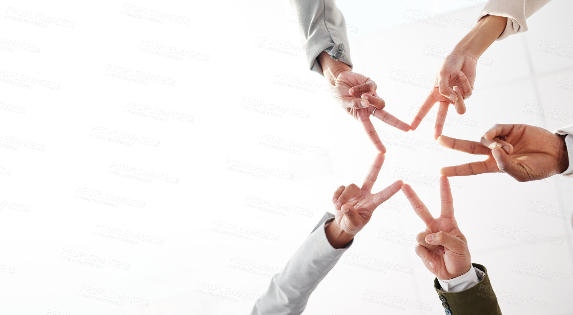 Buy stock photo Star hands, together and people teamwork, collaboration and group synergy or support from below mockup. Employees, community or friends with v or peace sign for quality, workflow and career services