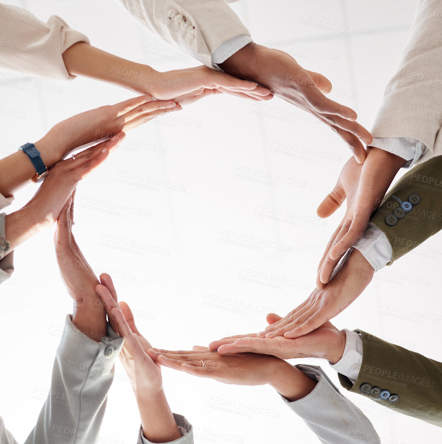 Buy stock photo Circle, teamwork and synergy hands of people collaboration, workflow and group or team building from below. Integration, formation and support, cooperation or community of women and men in agreement