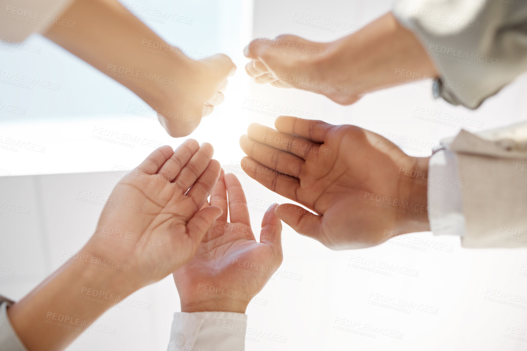 Buy stock photo Business people, hands and high five for collaboration, meeting or teamwork together at the office. Hand of employee group touching for team agreement, coordination or solidarity at the workplace