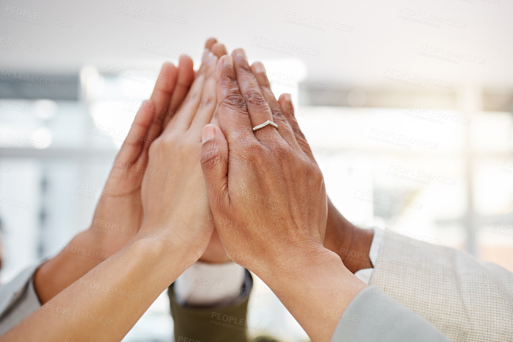 Buy stock photo Business people, hands together and high five, support with team solidarity and motivation in office. Success, collaboration and corporate group with teamwork, professional community and workforce