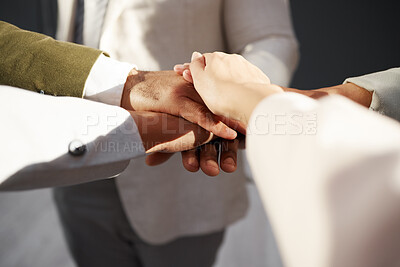 Buy stock photo Business people, hands together and solidarity in team, collaboration and motivation in office. Support, employees in meeting and corporate group with teamwork, professional community and workforce