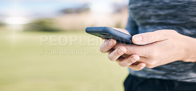 Buy stock photo Closeup hands, fitness woman and smartphone outdoor for social media, health progress and texting app. Female, sports break and mobile technology for training, digital exercise network and mockup 