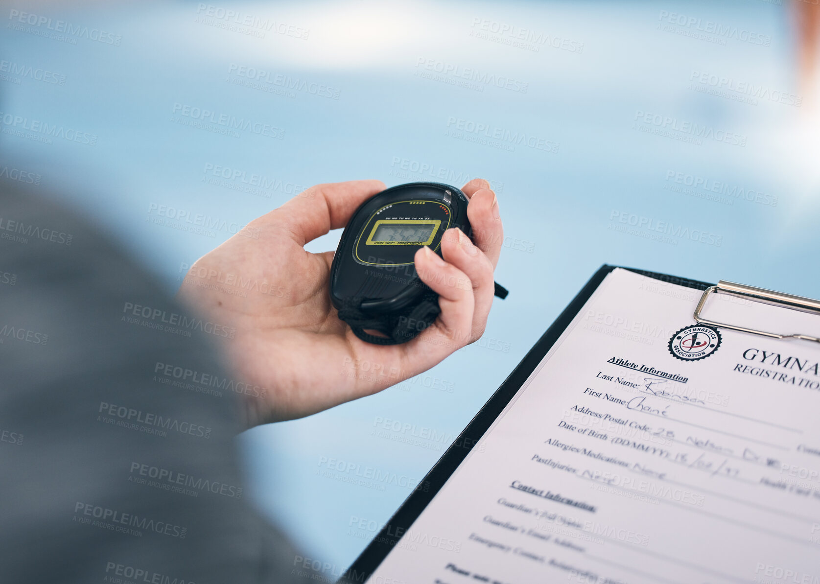 Buy stock photo Hand, stopwatch and membership with a personal trainer in a gym, holding a sign up sheet during training. Fitness, sports and time with a coach using a watch during an exercise workout for health