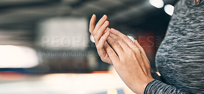 Buy stock photo Hands, gymnastics and a girl in a gym for a competition, practice or fitness training. Mockup, exercise and a gymnast ready for rehearsal, sports event and a performance in professional sport