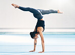 Gymnast dance, woman training and fitness trick with flexibility, in a gym with solo dancing. Exercise studio, performance art and athlete doing a dancer and gymnastics workout for competition