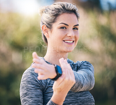 Buy stock photo Portrait, smile and fitness woman stretching arms for exercise, training and sports in park. Happy female athlete warm up for workout, performance and action in nature, garden and power for cardio